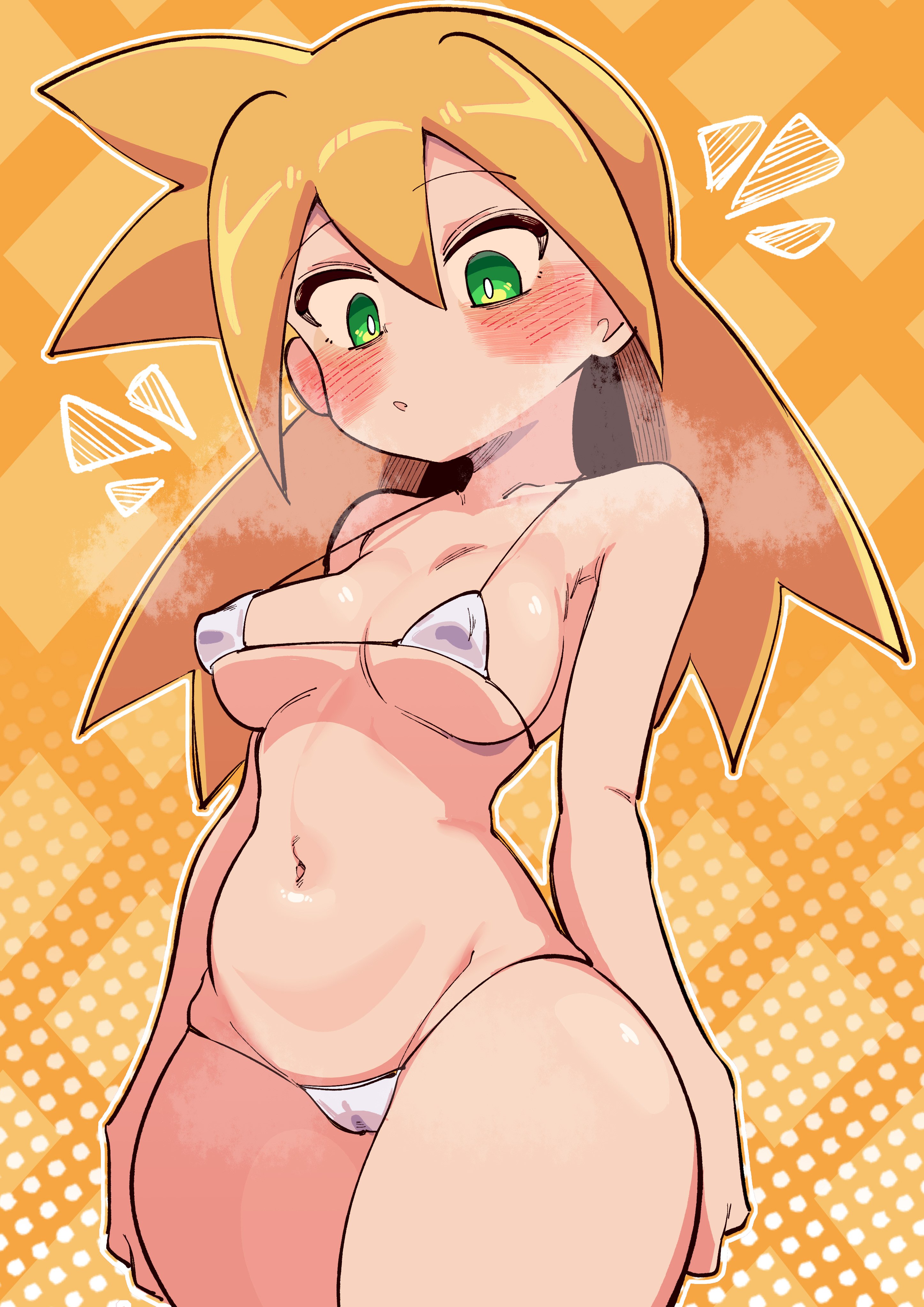 buzzlyears, roll caskett (mega man), mega man (series), mega man legends (series), absurdres, highres, 1girl, bare shoulders, bikini, blonde hair, blush, breasts, breath, collarbone, covered erect nipples, cowboy shot, green eyes, long hair, medium breasts, micro bikini, simple background, solo, swimsuit, yellow background