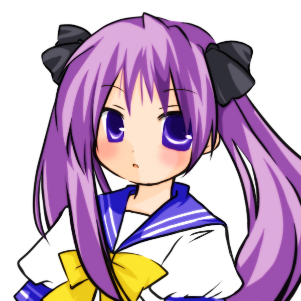futami yayoi, hiiragi kagami, lucky star, eyebrows, 00s, 1girl, bow, bowtie, female focus, long hair, looking at viewer, puffy short sleeves, puffy sleeves, purple eyes, purple hair, sailor collar, school uniform, serafuku, short sleeves, simple background, solo, twintails, very long hair, white background, yellow bow, yellow bowtie