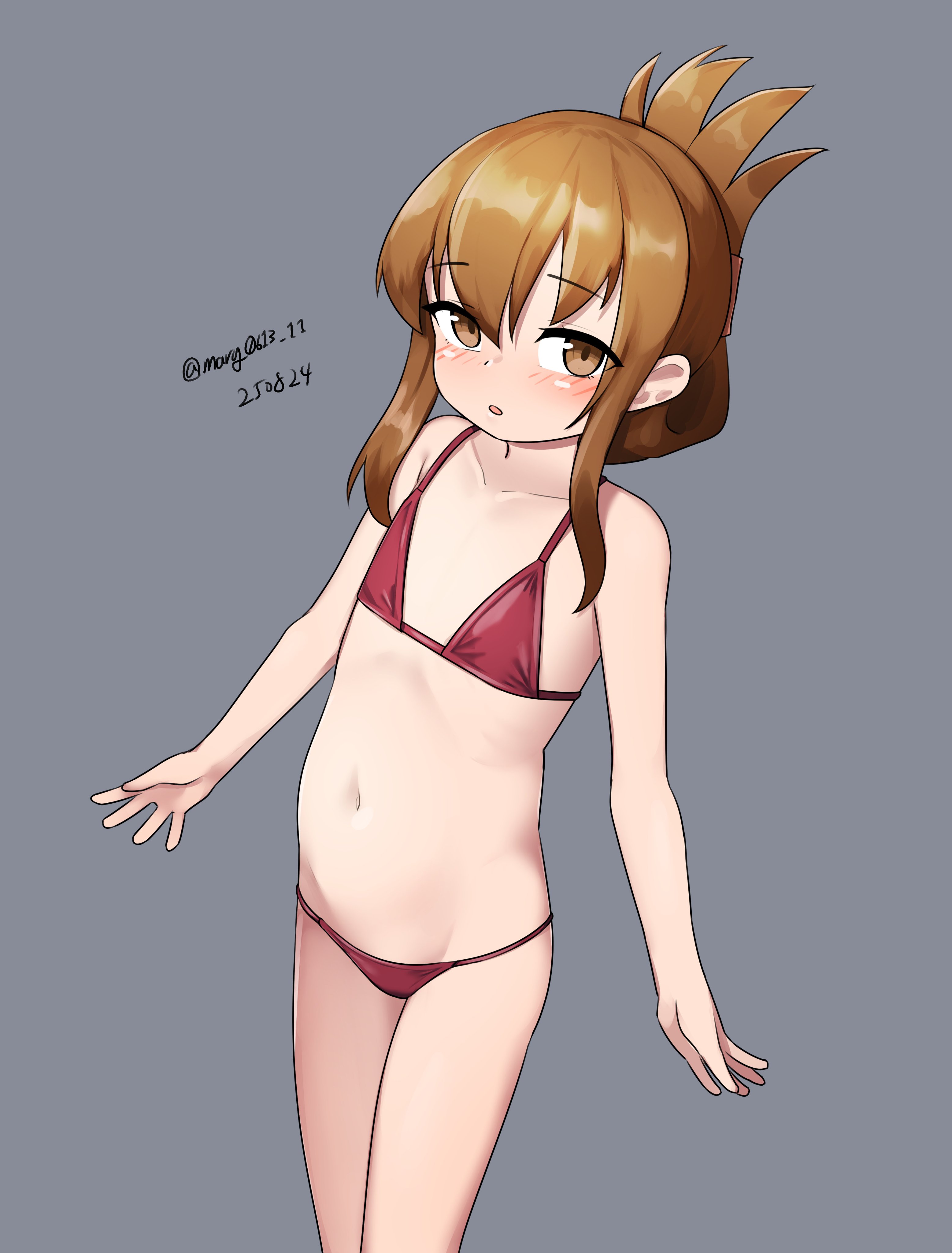 maru (marg0613), inazuma (kancolle), mikuma (2016 swimsuit) (kancolle), mikuma (kancolle), kantai collection, absurdres, highres, 1girl, bikini, brown eyes, brown hair, cosplay, dated, flat chest, folded ponytail, grey background, looking at viewer, mikuma (kancolle) (cosplay), one-hour drawing challenge, red bikini, simple background, solo, swimsuit, twitter username