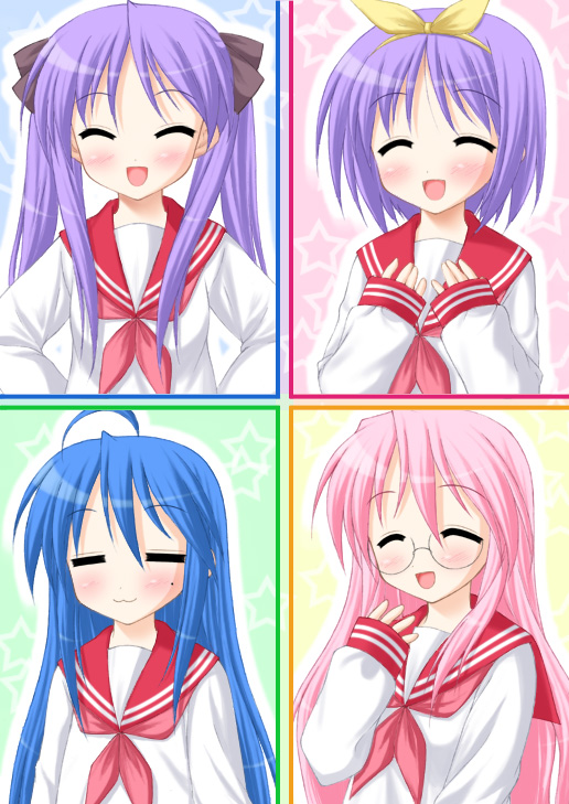 hiiragi kagami, hiiragi tsukasa, izumi konata, takara miyuki, lucky star, 00s, 4girls, :3, = =, antenna hair, blue hair, blush, closed eyes, glasses, hair ribbon, hairband, long hair, mole, mole under eye, multiple girls, open mouth, pink hair, purple hair, school uniform, short hair, sisters, smile, tongue, twins, twintails, upper body