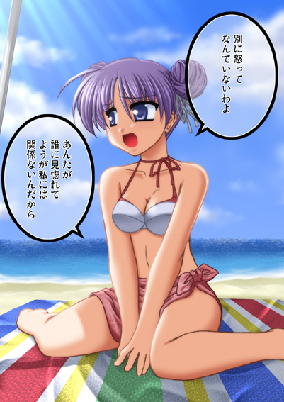 kiryuu makoto, osamada meika, hiiragi kagami, lucky star, translation request, 00s, 1girl, alternate hairstyle, beach, bikini, breasts, cleavage, day, double bun, female focus, hair bun, medium breasts, outdoors, pink sarong, sarong, solo, swimsuit