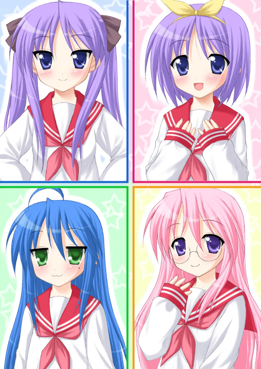 minamori noeru, hiiragi kagami, hiiragi tsukasa, izumi konata, takara miyuki, lucky star, 00s, 4girls, :d, ahoge, blue eyes, blue hair, glasses, hair ribbon, long hair, looking at viewer, mole, mole under eye, multiple girls, neckerchief, open mouth, pink hair, portrait, purple eyes, purple hair, ribbon, sailor collar, school uniform, serafuku, shirt, siblings, sisters, smile, twins, upper body, very long hair, white shirt
