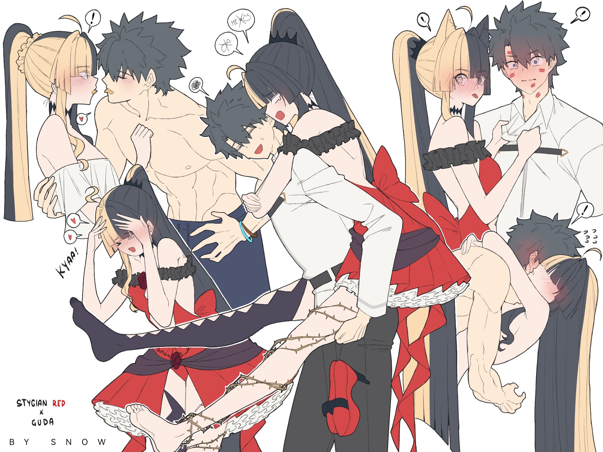 suhyeon, fujimaru ritsuka (male), fate/grand order, fate (series), original, highres, !, > <, 1boy, 1girl, animal ears, arms around neck, artist name, backless dress, backless outfit, bare shoulders, black hair, blonde hair, blue eyes, blush, carrying, carrying person, character name, collared shirt, dress, heart, high ponytail, implied sex, lipstick mark, lipstick mark on face, multicolored hair, multiple views, muscular, muscular male, oc x canon, piggyback, ponytail, red dress, shirt, short hair, simple background, split-color hair, spoken heart, topless male, two-tone hair, white background, white shirt