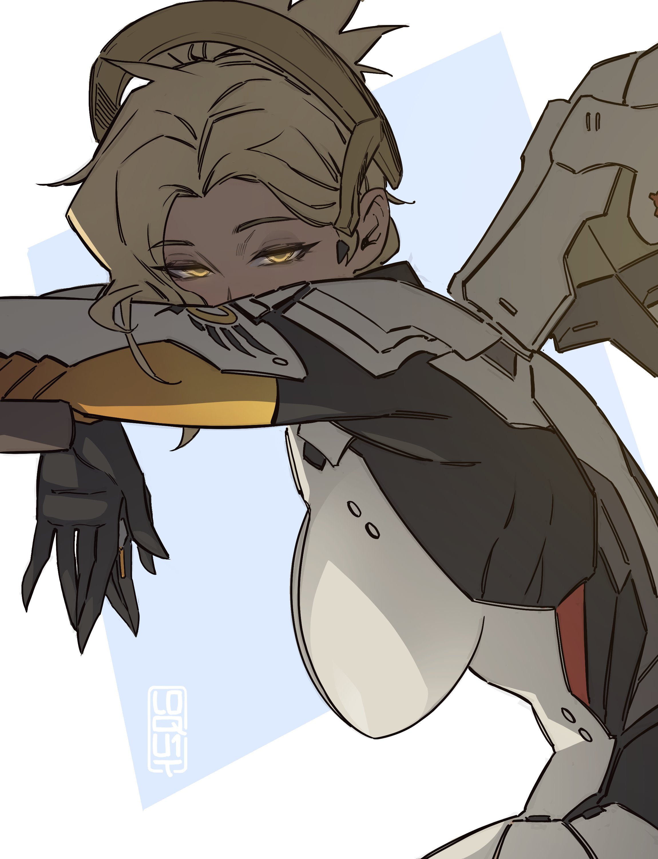 loqu1t, mercy (overwatch), overwatch, absurdres, commentary, english commentary, highres, 1girl, black gloves, blonde hair, bodysuit, breasts, covered face, gloves, glowing, glowing eyes, looking at viewer, mechanical wings, multicolored bodysuit, solo, wings
