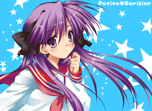 sakura hanpen, hiiragi kagami, lucky star, 00s, hair ribbon, ribbon, school uniform, serafuku, solo