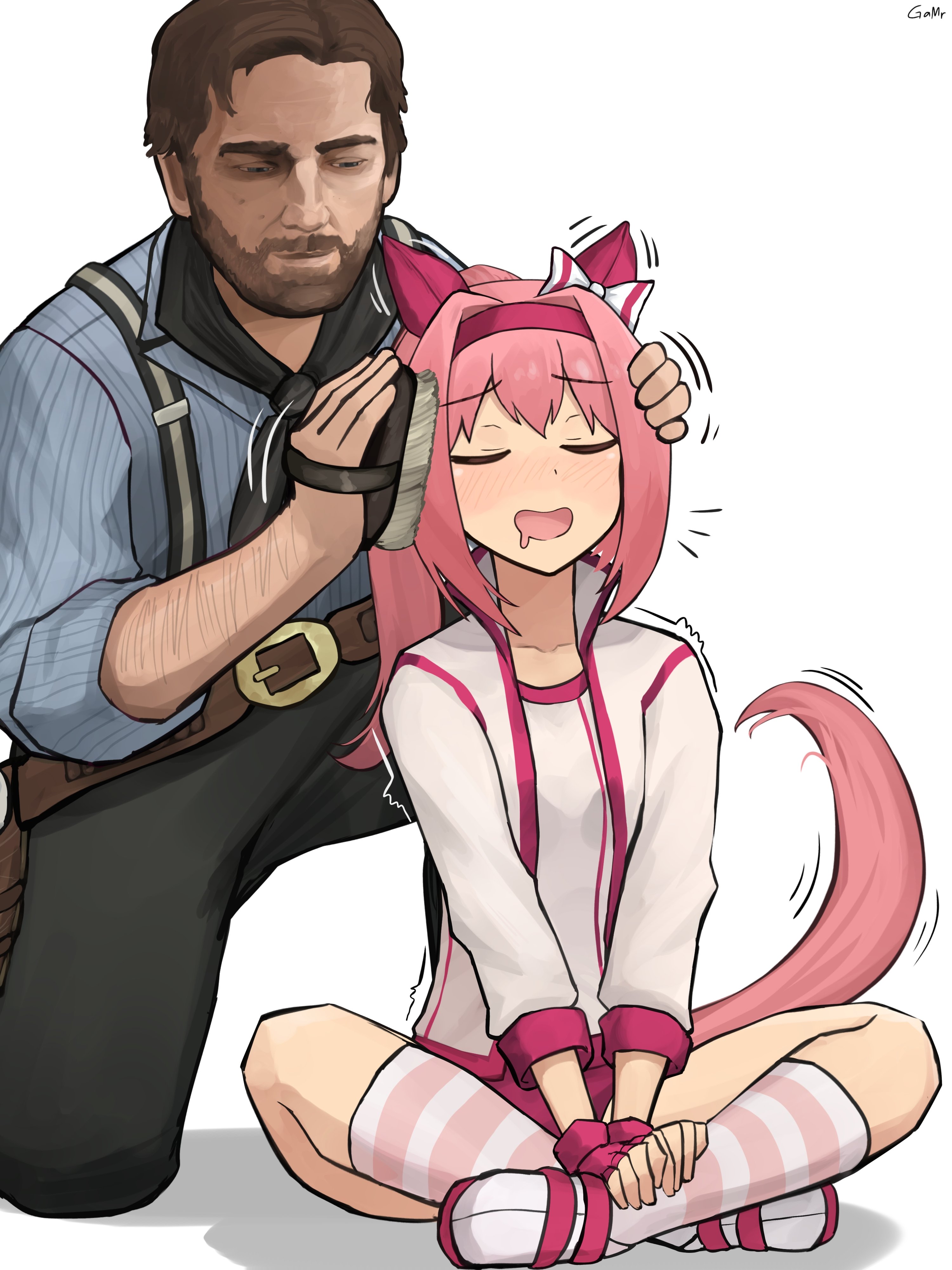 gamryous, arthur morgan, haru urara (umamusume), red dead redemption (series), red dead redemption 2, umamusume, absurdres, commentary, english commentary, highres, 1boy, 1girl, :d, animal ears, beard, belt, belt buckle, black pants, bow, brown belt, brown hair, buckle, buruma, closed eyes, crossed ankles, crossover, ear bow, facial hair, furrowed brow, hair brush, headband, holster, horse ears, horse girl, horse tail, long hair, looking at viewer, open mouth, pants, pink hair, pink headband, ponytail, red buruma, short hair, signature, simple background, smile, socks, striped clothes, striped socks, tail, trembling, white background