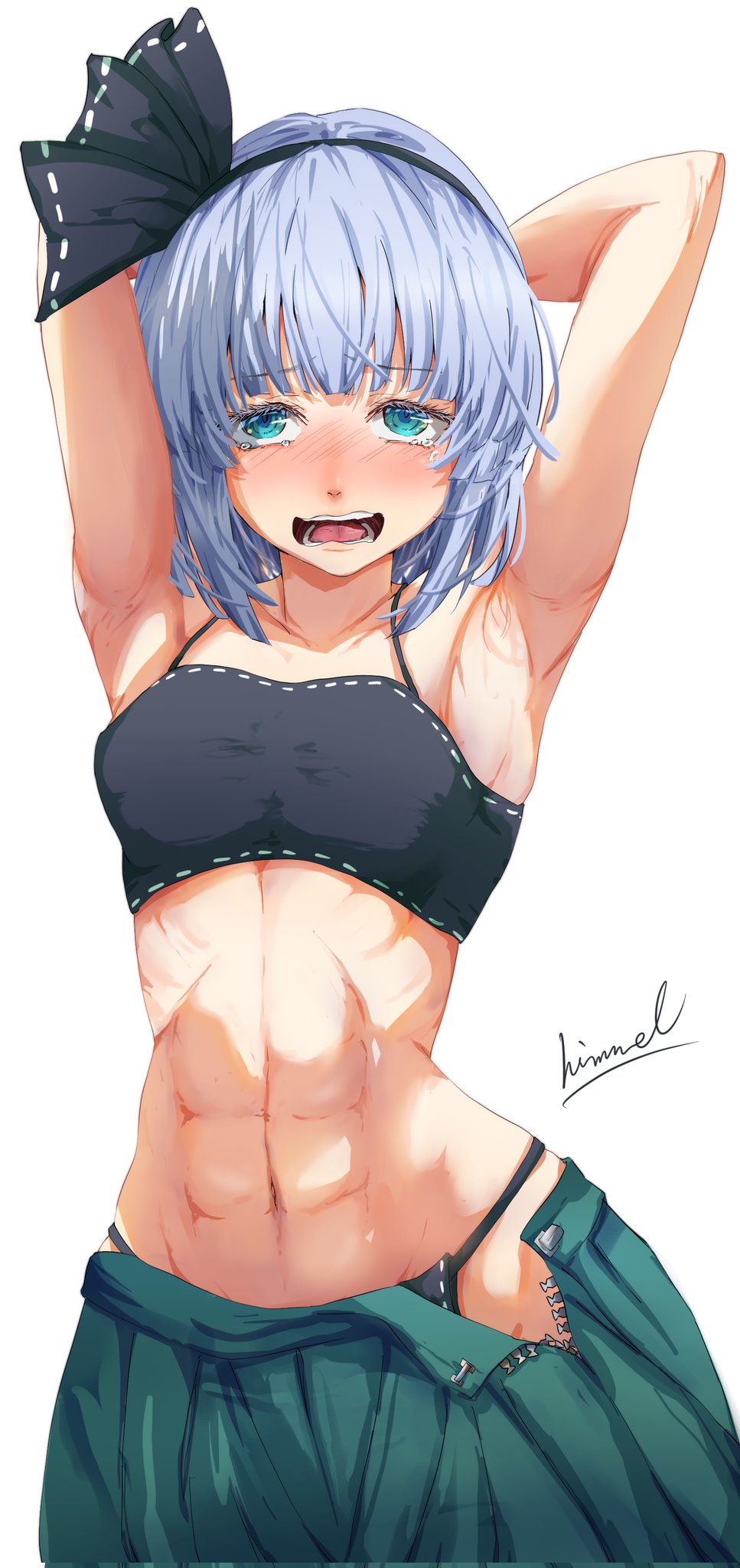 nuru himmel, konpaku youmu, touhou, commentary request, highres, revision, 1girl, abs, aqua eyes, armpits, arms behind head, black bra, black hairband, black panties, blush, bra, green skirt, grey hair, hairband, midriff, navel, open clothes, open mouth, open skirt, panties, scar, short hair, skirt, smile, solo, underwear, white hair