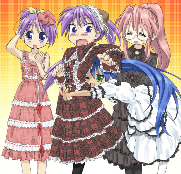 you2, hiiragi kagami, hiiragi tsukasa, izumi konata, takara miyuki, lucky star, 00s, 4girls, alternate costume, blue hair, blush, dress, gothic lolita, lolita fashion, mole, mole under eye, multiple girls, siblings, sisters, twins
