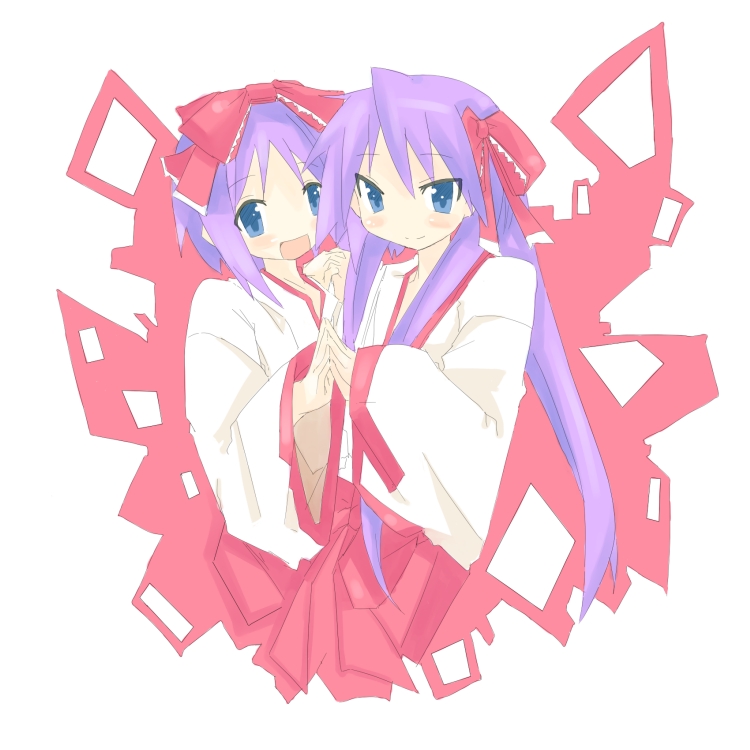 hiiragi kagami, hiiragi tsukasa, lucky star, 00s, 2girls, blue eyes, japanese clothes, miko, multiple girls, purple hair, sisters, twins