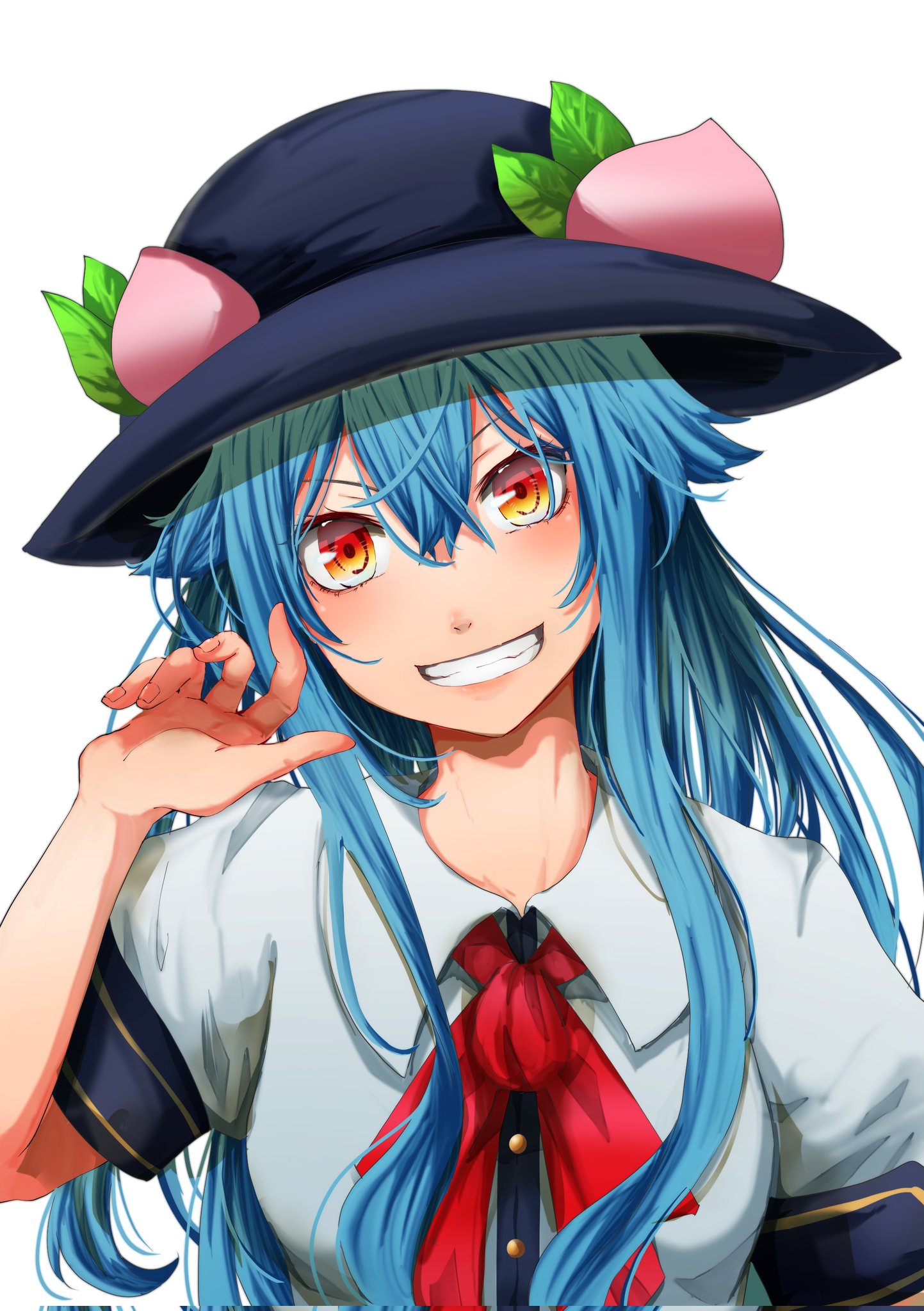nuru himmel, hinanawi tenshi, touhou, commentary request, highres, 1girl, black hat, blue hair, blush, grin, hat, hat ornament, leaf hat ornament, long hair, looking at viewer, peach hat ornament, red eyes, short sleeves, simple background, smile, solo, upper body, white background