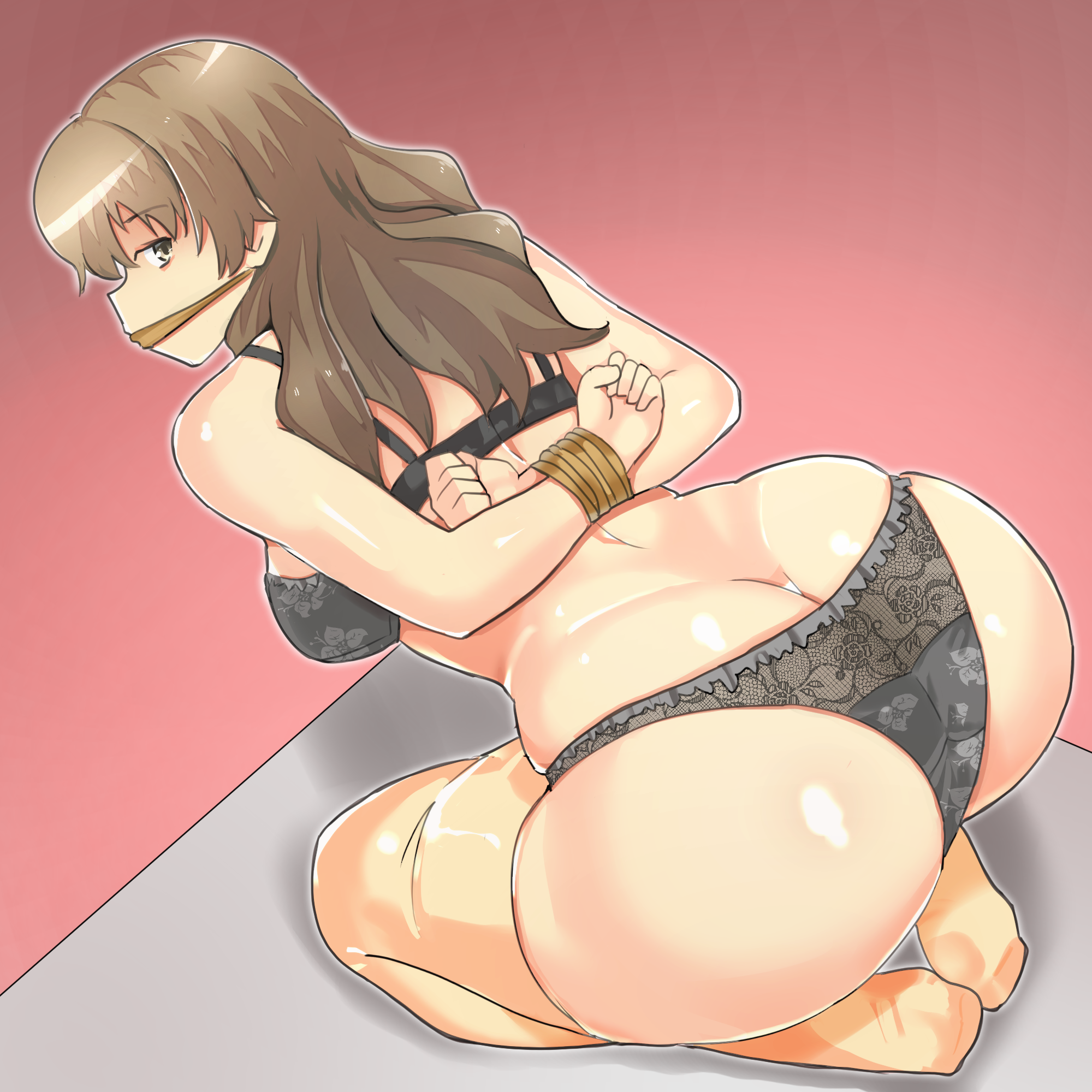 pomechin (mvst2573), kiyama harumi, toaru kagaku no railgun, toaru majutsu no index, commentary request, commission, highres, skeb commission, 1girl, arms behind back, ass, bent over, black bra, black panties, bound, bound wrists, bra, breasts, brown eyes, brown hair, gag, improvised gag, large breasts, long hair, looking at viewer, panties, restrained, seiza, simple background, sitting, solo, thighhighs, underwear, yellow thighhighs