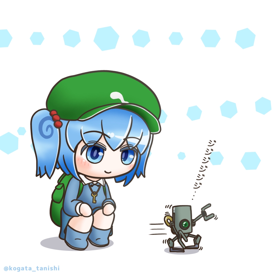 kogata tanishi, kawashiro nitori, touhou, commentary request, 1girl, backpack, bag, blue eyes, blue hair, blush, boots, chibi, closed mouth, flat cap, full body, green hat, hair bobbles, hair ornament, hat, key, robot, rubber boots, short hair, smile, solo, twitter username, two side up, white background