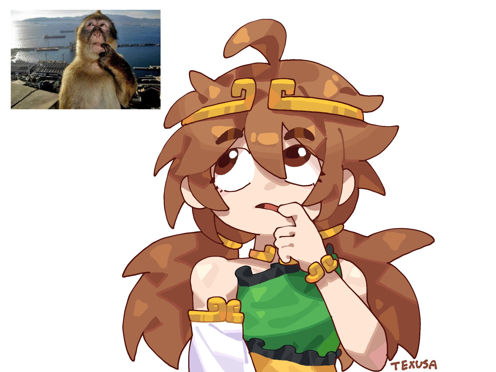 texusa1, son biten, touhou, hashtag-only commentary, highres, 1girl, ahoge, bare shoulders, brown eyes, brown hair, circlet, low ponytail, meme, open mouth, ponytail, reference inset, simple background, solo, thinking, upper body, white background