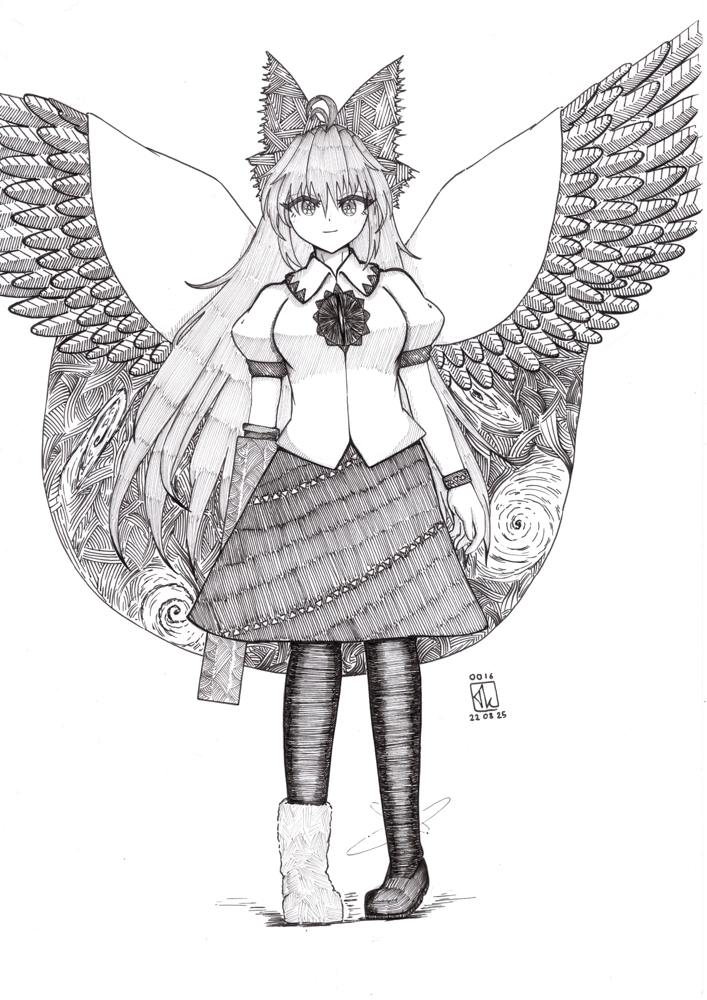 thatkirisame, reiuji utsuho, touhou, commentary, english commentary, highres, 1girl, ahoge, arm cannon, asymmetrical footwear, bow, cape, closed mouth, dated, greyscale, hair bow, long hair, looking at viewer, mismatched footwear, monochrome, radiation symbol-shaped pupils, shirt, short sleeves, signature, skirt, solo, standing, symbol-shaped pupils, third eye, weapon, wings