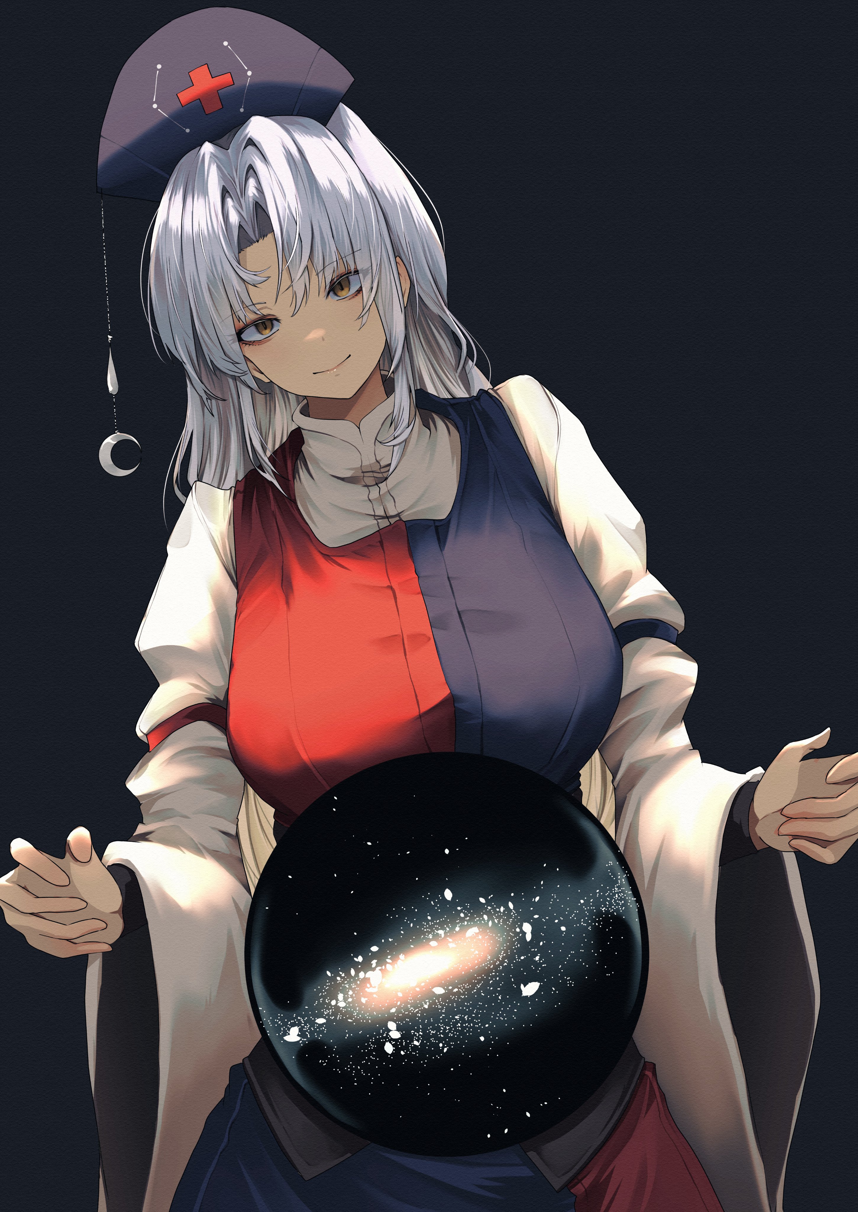 yagoro kusuriya, yagokoro eirin, touhou, absurdres, commentary, highres, symbol-only commentary, 1girl, black background, breasts, brown eyes, closed mouth, constellation print, dress, galaxy, hat, large breasts, long sleeves, looking at viewer, nurse cap, parted bangs, simple background, smile, solo, trigram, two-tone dress, wide sleeves