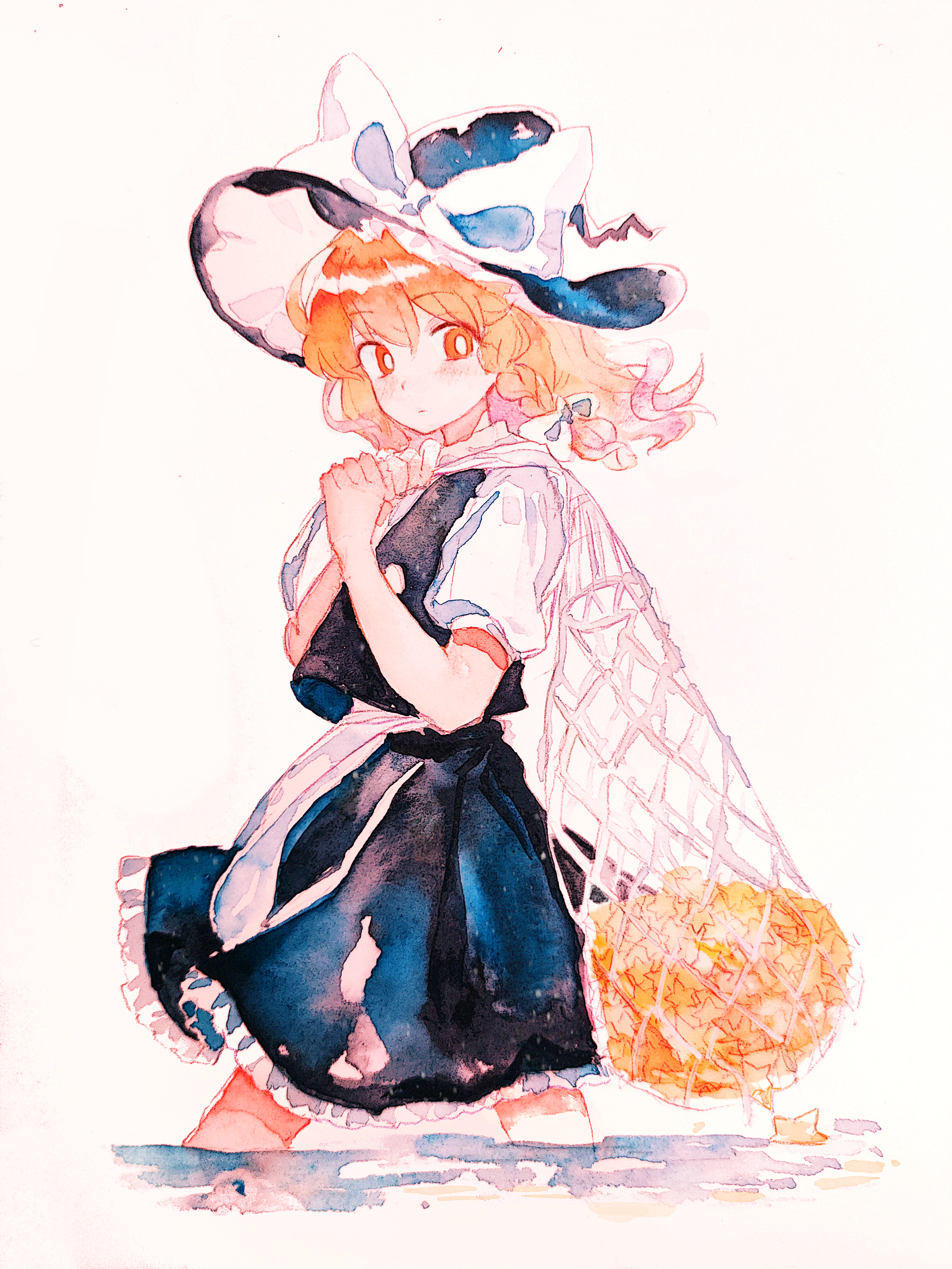 youshouhaoxianzhe, kirisame marisa, touhou, absurdres, highres, traditional media, 1girl, apron, black skirt, black vest, blonde hair, blush, braid, bright pupils, closed mouth, expressionless, fishnets, frills, hair ribbon, hat, looking at viewer, medium hair, mesh bag, ribbon, shirt, short sleeves, skirt, solo, star (symbol), vest, wading, white background, white pupils, white shirt, witch hat, yellow eyes