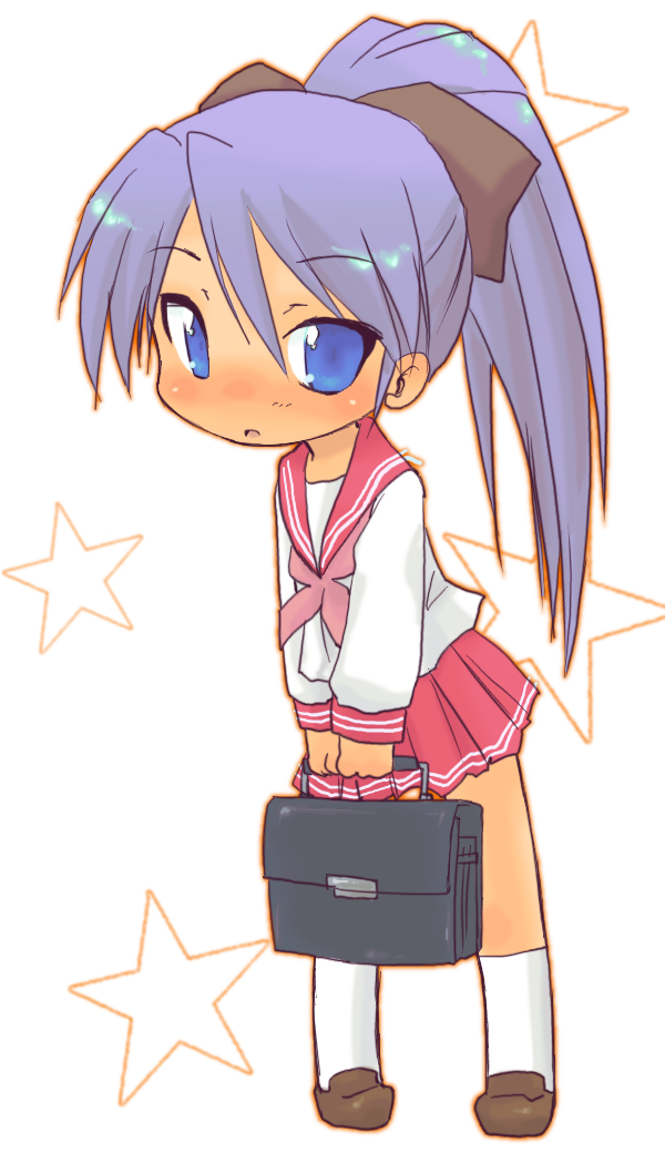 tatsushinnosuke, hiiragi kagami, lucky star, 00s, 1girl, alternate hairstyle, bag, blue eyes, female focus, full body, hair ribbon, kneehighs, loafers, long hair, pleated skirt, ponytail, purple hair, ribbon, school bag, school uniform, serafuku, shoes, simple background, skirt, socks, solo, standing, star (symbol), tsurime