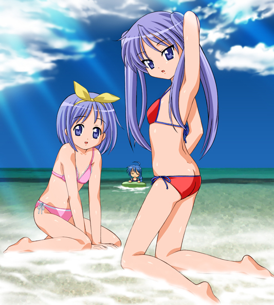 vogue, hiiragi kagami, hiiragi tsukasa, izumi konata, lucky star, 00s, 3girls, ahoge, armpits, bikini, blue hair, butt crack, closed eyes, cloud, day, flat chest, hairband, innertube, kneeling, long hair, multiple girls, outdoors, purple eyes, purple hair, short hair, siblings, side-tie bikini bottom, sisters, sky, swim ring, swimsuit, twins, twintails, water