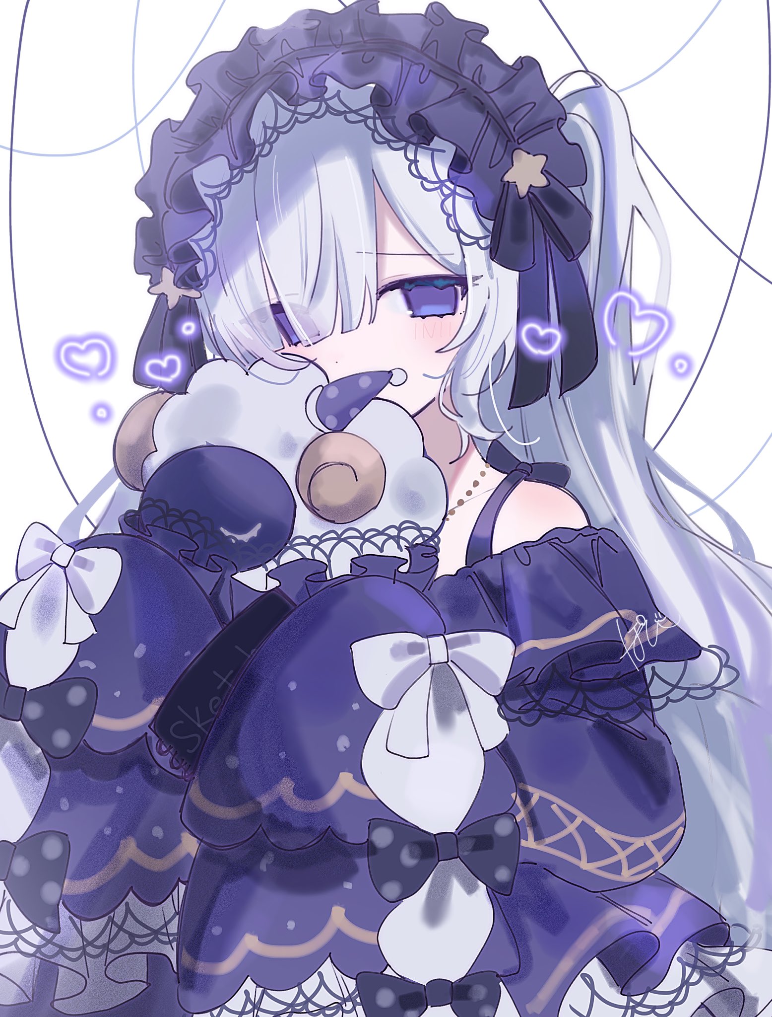 pote (pote 39), natsume anan, mahou shoujo no majo saiban, commentary request, highres, 1girl, blue dress, covering own mouth, dress, frilled dress, frills, gothic lolita, hair over one eye, hairband, heart, holding, holding stuffed toy, jewelry, lolita fashion, lolita hairband, long hair, long sleeves, looking at viewer, magical girl, necklace, solo, stuffed animal, stuffed sheep, stuffed toy, white background