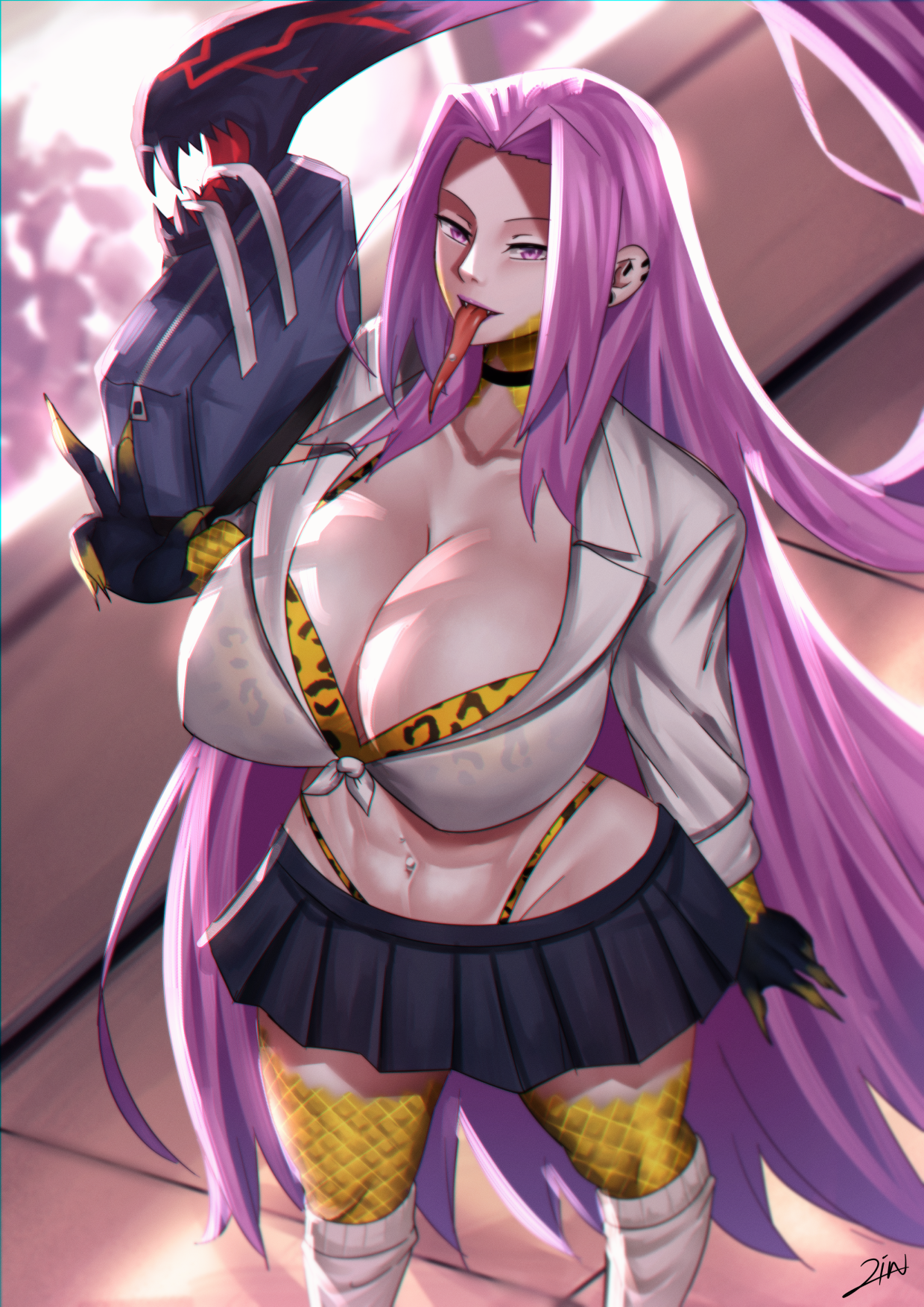 zinfian, gorgon (fate), medusa (fate), rider, fate/grand order, fate (series), commentary, english commentary, highres, 1girl, abs, animal print, artist name, bag, bikini, blue skirt, breasts, cleavage, fangs, gyaru, holding, holding bag, indoors, large breasts, leopard print, long hair, long sleeves, looking at viewer, midriff, miniskirt, navel piercing, piercing, pink eyes, pink hair, shirt, skirt, smile, snake hair, socks, solo, swimsuit, tied shirt, toned, toned female, tongue, tongue out, tongue piercing, v, very long hair, white shirt, white socks, yellow bikini