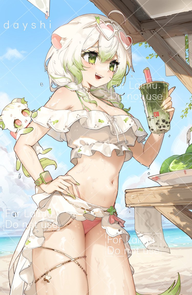 dayshiart, laimu (vtuber), vinesauce, official art, 1girl, ahoge, animal ears, bare shoulders, beach, belly, bikini, braid, breasts, bubble tea, crop top, ferret, ferret ears, ferret girl, ferret tail, gold thighlet, gradient hair, gradient tail, green hair, green tail, heart, heart-shaped pupils, laimu (vtuber) (summer), limon (laimu), medium breasts, miniskirt, multicolored hair, multicolored tail, navel, ocean, official alternate costume, sand, skindentation, skirt, sweat, swimsuit, symbol-shaped pupils, tail, thick thighs, thighs, twin braids, two-tone hair, two-tone tail, virtual youtuber, watch, water, wet, white hair, white tail, wristwatch