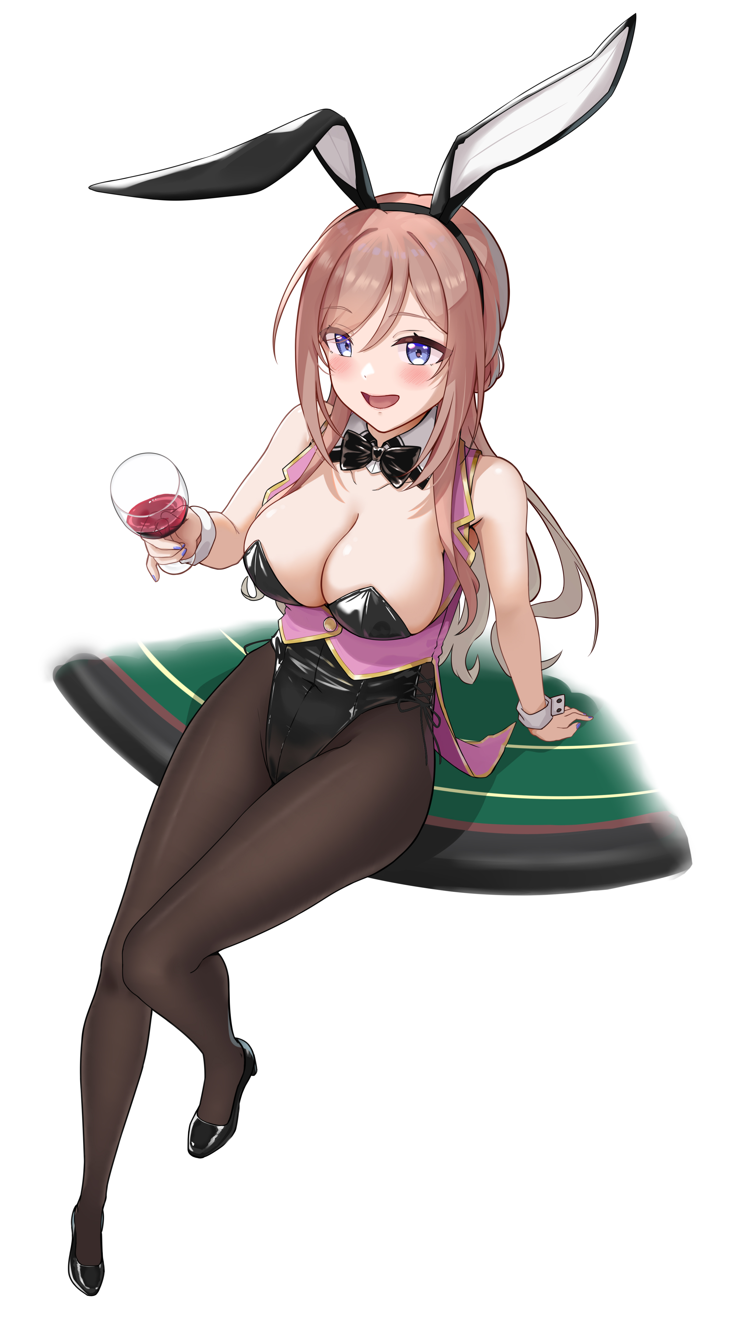 nedo645685229, himesaki rinami, gakuen idolmaster, idolmaster, absurdres, highres, 1girl, animal ear hairband, animal ears, black bow, black bowtie, black leotard, black pantyhose, black shoes, blue eyes, bow, bowtie, breasts, brown hair, cleavagel, cup, detached collar, drinking glass, fake animal ears, full body, hairband, large breasts, leotard, long hair, looking at viewer, pantyhose, pink vest, playboy bunny, rabbit ears, shoes, simple background, sitting, solo, strapless, strapless leotard, table, underbust, vest, white background, wine glass, wrist cuffs