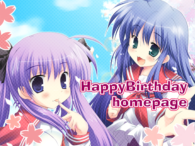 happy birthday (artist), hiiragi kagami, izumi konata, lucky star, 00s, 2girls, ahoge, blue hair, blush, finger to mouth, green eyes, happy birthday, long hair, long sleeves, looking at viewer, mole, mole under eye, multiple girls, sailor collar, school uniform, serafuku, spring (season), upper body, very long hair