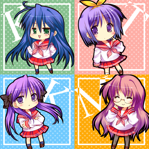 hiiragi kagami, hiiragi tsukasa, izumi konata, takara miyuki, lucky star, lowres, 00s, 4girls, blue hair, chibi, closed eyes, glasses, green eyes, long hair, mole, mole under eye, multiple girls, pink hair, purple hair, school uniform, serafuku, short hair, sisters, standing, twins