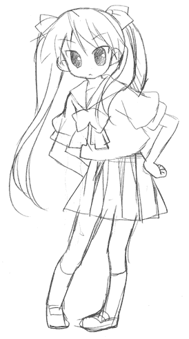 hiiragi kagami, lucky star, lowres, 00s, monochrome, school uniform, serafuku, sketch