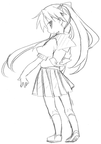 hiiragi kagami, lucky star, lowres, 00s, monochrome, school uniform, serafuku, sketch