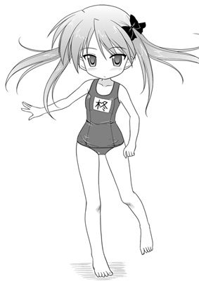 masakichi (crossroad), hiiragi kagami, lucky star, lowres, 00s, 1girl, barefoot, female focus, greyscale, monochrome, one-piece swimsuit, school swimsuit, sketch, solo, swimsuit
