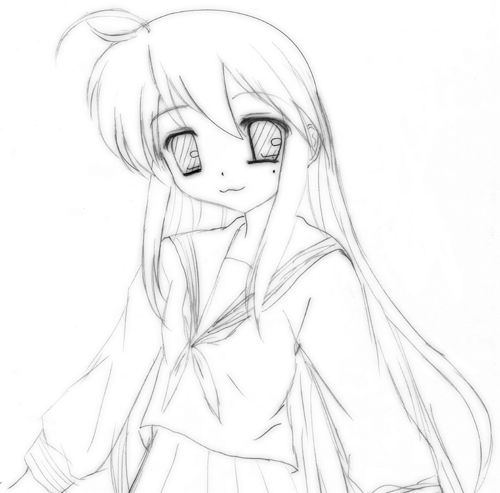 izumi konata, lucky star, lowres, 00s, monochrome, school uniform, serafuku, sketch