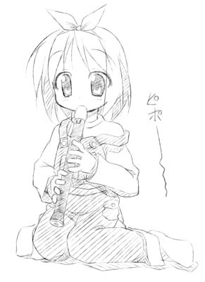 kagura yuuki, hiiragi tsukasa, lucky star, lowres, 00s, flute, greyscale, instrument, monochrome, overalls, recorder, sketch, solo