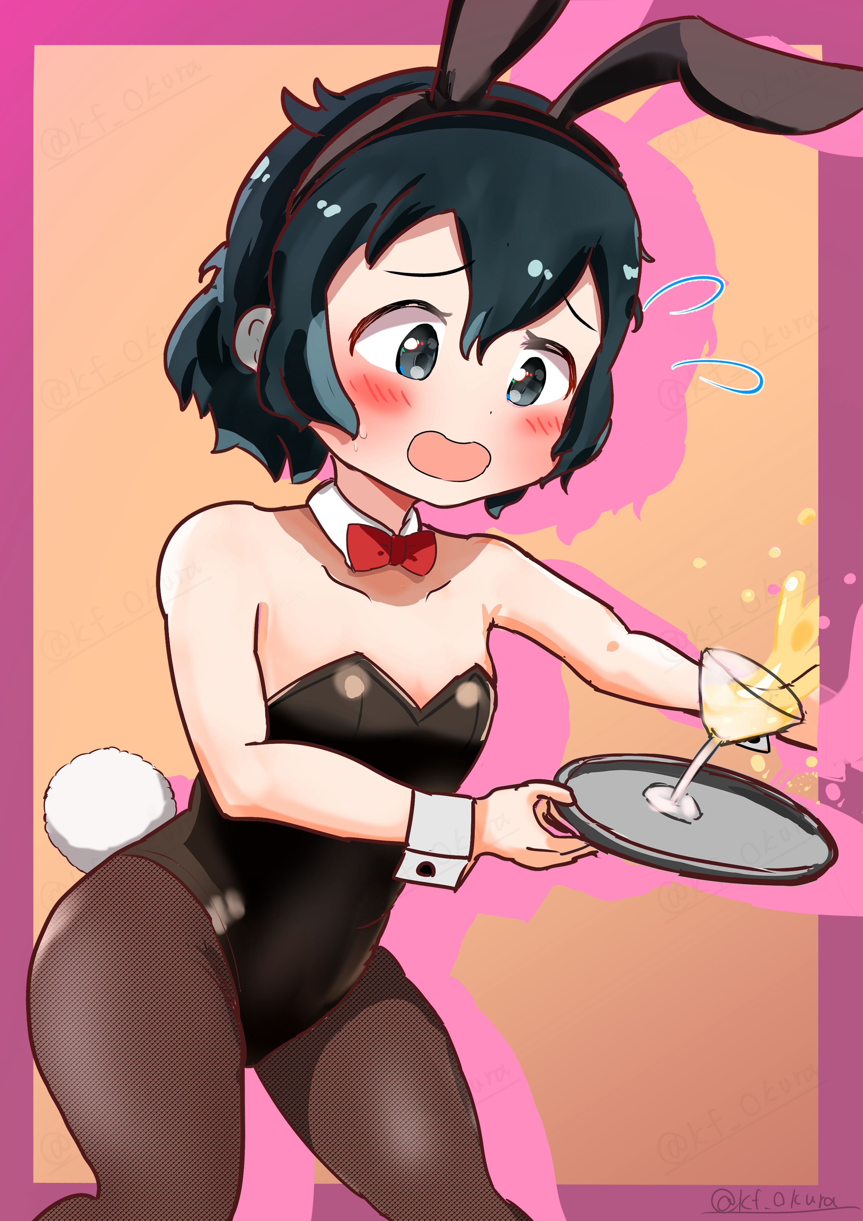 ookura haruto, kaban (kemono friends), kemono friends, absurdres, commentary request, highres, animal ear hairband, animal ears, black eyes, black hair, black leotard, black pantyhose, border, bow, bowtie, cocktail glass, cup, detached collar, drinking glass, fake animal ears, feet out of frame, fishnet pantyhose, fishnets, flying sweatdrops, gradient background, hairband, leotard, open mouth, outside border, pantyhose, playboy bunny, purple border, rabbit ears, rabbit tail, red bow, red bowtie, short hair, spill, strapless, strapless leotard, tail, tray, wrist cuffs
