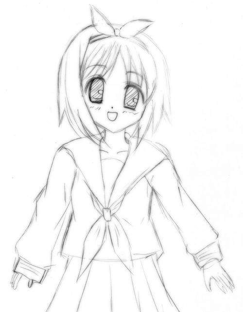 hiiragi kagami, lucky star, 00s, monochrome, school uniform, serafuku, sketch