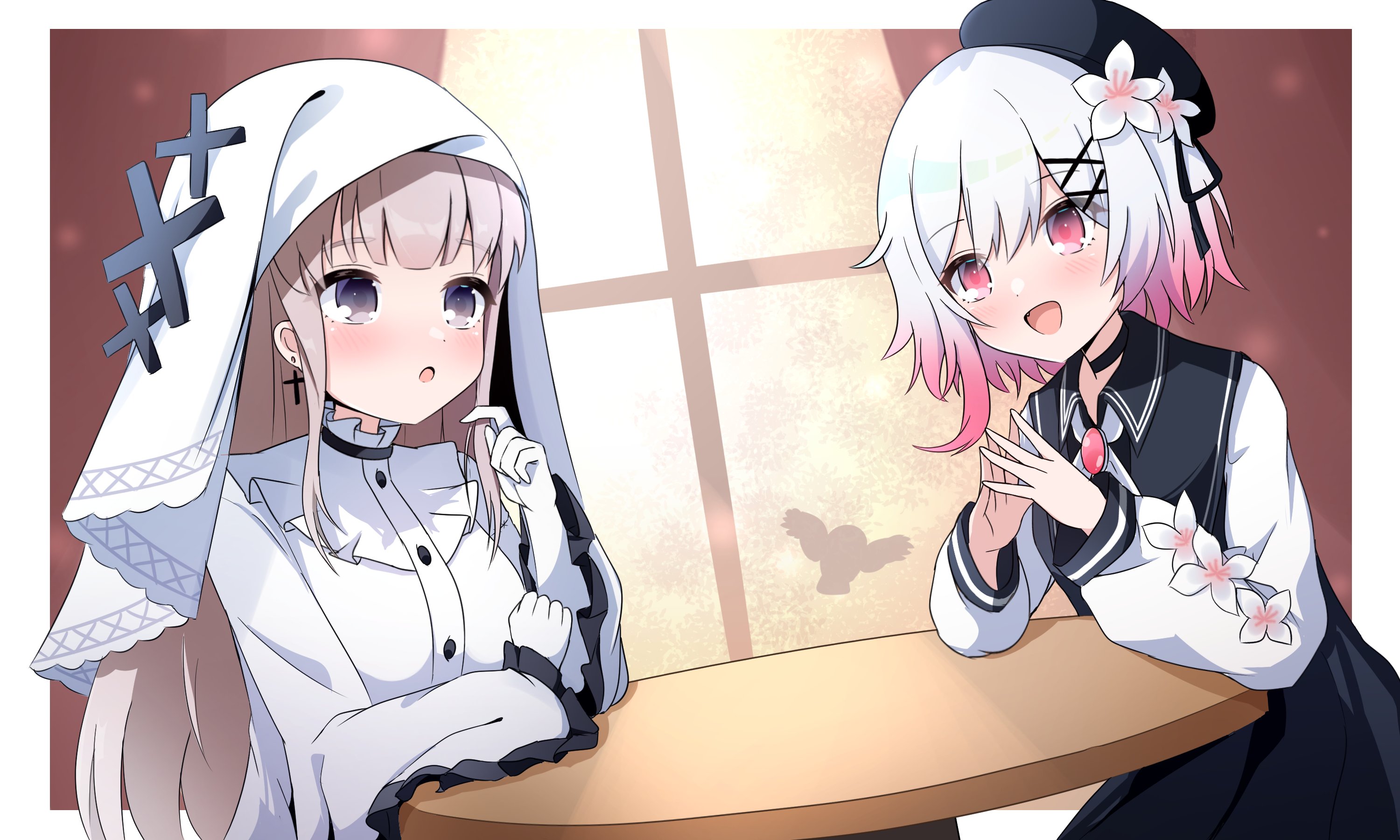 mhandpuzzdra, hikami meruru, sakuraba ema, mahou shoujo no majo saiban, highres, 2girls, beret, bird, blonde hair, blush, cross ornament, flower, flower ornament, gem, hair flower, hair ornament, hat, hime cut, long hair, magical girl, multicolored hair, multiple girls, open mouth, owl, pink eyes, pink gemstone, sitting, table, veil, x hair ornament, yuri