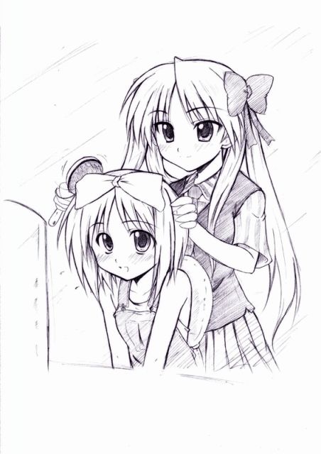 morisoban, sankaku umako, hiiragi kagami, hiiragi tsukasa, lucky star, 00s, 2girls, brushing another's hair, brushing hair, hair brush, monochrome, multiple girls, purple theme, school uniform, serafuku, siblings, sisters, sketch, twins