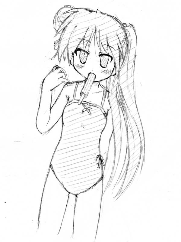 hiiragi kagami, lucky star, 00s, monochrome, sketch, swimsuit