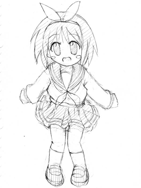 hiiragi tsukasa, lucky star, 00s, monochrome, school uniform, serafuku, sketch