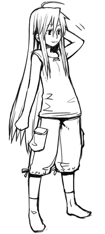 yu 65026, izumi konata, lucky star, 00s, 1girl, :3, ahoge, female focus, greyscale, hand in own hair, long hair, long sleeves, mole, mole under eye, monochrome, ribbon, shirt, shorts, simple background, sketch, sleeves past wrists, smile, socks, solo, standing, white background