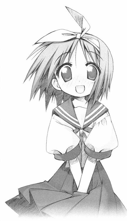 hiiragi tsukasa, lucky star, 00s, monochrome, school uniform, serafuku, sketch