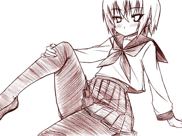 chikuwa (artist), chikuwa (tikuwa), iwasaki minami, lucky star, 00s, 1girl, female focus, monochrome, pantyhose, red theme, school uniform, serafuku, sketch, solo