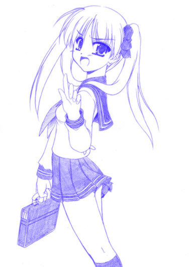 hiiragi kagami, lucky star, 00s, monochrome, school uniform, serafuku, sketch