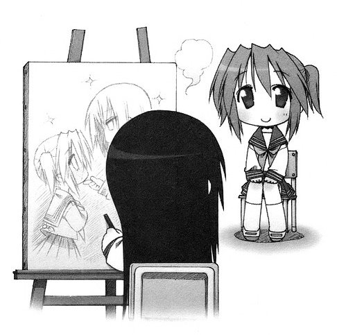 iwasaki minami, kobayakawa yutaka, tamura hiyori, lucky star, lowres, non-web source, 00s, drawing (action), greyscale, modeling, monochrome, school uniform, serafuku, sketch