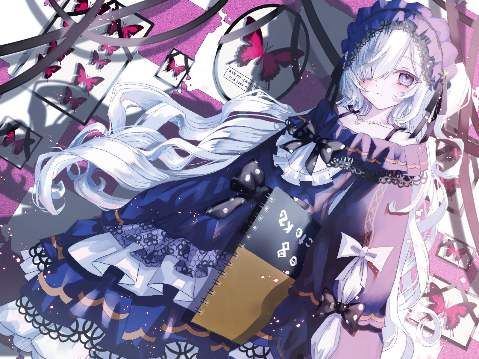 natsume anan, mahou shoujo no majo saiban, highres, 1girl, arms at sides, bare shoulders, blue dress, blue hairband, bug, butterfly, closed mouth, crescent, crescent necklace, dress, expressionless, feet out of frame, framed insect, frilled dress, frills, gothic lolita, hair over one eye, hairband, holding, holding sketchbook, insect, jewelry, lolita fashion, lolita hairband, long hair, looking at viewer, magical girl, naoru (sweeteden98), necklace, one side up, pale skin, purple eyes, ribbon, shadow, sketchbook, sleeves past fingers, sleeves past wrists, solo, very long hair, white hair