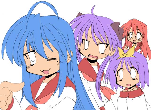 hiiragi kagami, hiiragi tsukasa, izumi konata, takara miyuki, lucky star, 00s, 4girls, glasses, mole, mole under eye, multiple girls, school uniform, serafuku, sisters, sketch, twins, upper body