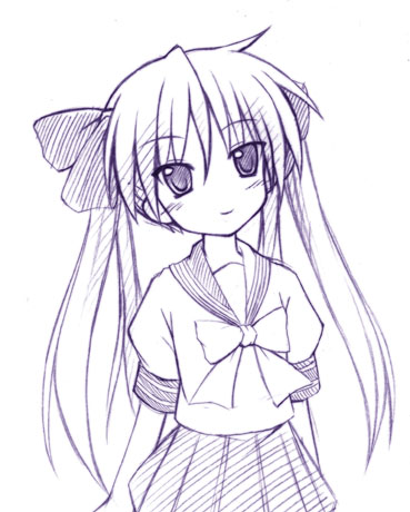 hiiragi kagami, lucky star, lowres, 00s, monochrome, school uniform, serafuku, sketch