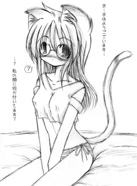 takara miyuki, lucky star, 00s, animal ears, cat ears, cat tail, glasses, monochrome, panties, sketch, tail, underwear