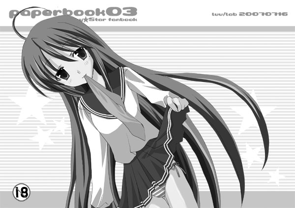 ll (artist), izumi konata, lucky star, 00s, 1girl, clothes lift, female focus, greyscale, monochrome, mouth hold, panties, school uniform, serafuku, sketch, skirt, skirt lift, solo, striped clothes, striped panties, underwear