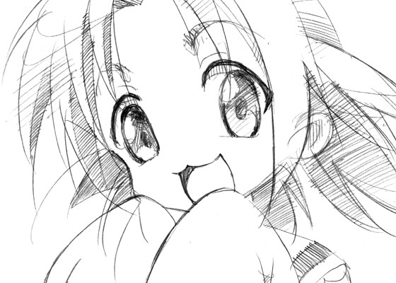 gofu, kogami akira, lucky star, traditional media, 00s, 1girl, female focus, greyscale, monochrome, school uniform, serafuku, sketch, solo